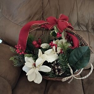 Festive Holiday Floral Basket with Red Accents
